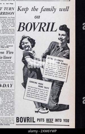 Pubblicità per Bovril in prima pagina del Daily mail (replica) 9th Novemberr 1939, vicino all'inizio della seconda guerra mondiale. Foto Stock