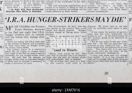 Titolo 'IRA Hunger Strikers May Die' in prima pagina del Daily mail (replica) 19 novembre 1939, vicino all'inizio della seconda guerra mondiale. Foto Stock