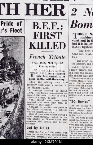 Titolo "BEF First Killed" in prima pagina del Daily mail (replica), 18 dicembre 1939. Foto Stock