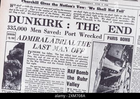 Titolo 'Dunkirk: The End' in prima pagina del Daily mail (replica), 5 giugno 1940, dopo l'evacuazione di Dunkirk. Foto Stock