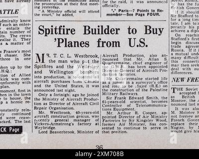 "Spitfire Builder to buy planes from US" titolo in prima pagina del Daily mail (replica), 5 giugno 1940, dopo l'evacuazione di Dunkerque. Foto Stock