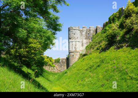 Castello di Carisbrooke Isola di Wight - Vista della porta del castello di Carisbrooke dal fossato erboso intorno al castello Isola di Wight Inghilterra Regno Unito Europa Foto Stock