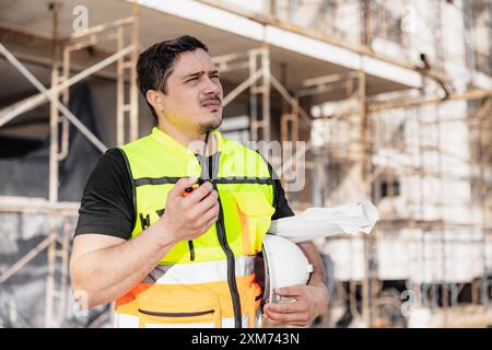 Ingegnere edile in un gilet riflettente che utilizza un walkie talkie mentre tiene i progetti in un cantiere. Foto Stock