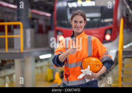 Ritratti ingegnere donne treno elettrico servizio locomotiva sotterranea personale di manutenzione in piedi pollice sorridente in deposito ferroviario. Foto Stock