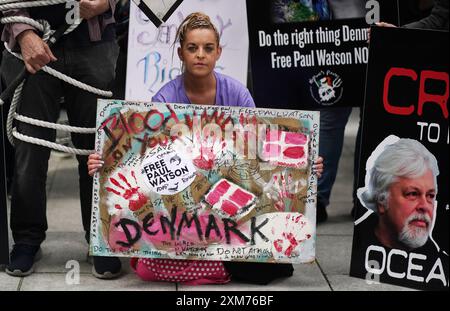 La gente partecipa a una protesta fuori dall'ambasciata danese a Dublino che chiede il rilascio del veterano attivista ambientalista e attivista anti-baleniera Paul Watson, che è stato arrestato a Nuuk, in Groenlandia, per un mandato di arresto internazionale emesso dal Giappone. Data foto: Venerdì 26 luglio 2024. Foto Stock