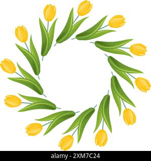 Una vivace cornice di tulipani gialli con foglie verdi lussureggianti disposte in cerchio. Una corona decorativa per biglietti d'auguri, inviti, festività stagionali a. Illustrazione Vettoriale
