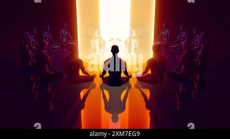 illustrazione 3d meditazione di gruppo nello spazio astrale Foto Stock