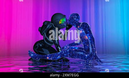 illustrazione 3d. spazio sotto forma di donna che bacia un astronauta Foto Stock