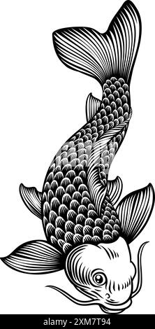 Fish Koi Carp, design vintage giapponese con taglio a legna Illustrazione Vettoriale