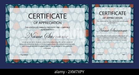 Modello scolastico certificato di apprezzamento . Certificato aziendale moderno con elementi colorati e fiorenti Illustrazione Vettoriale