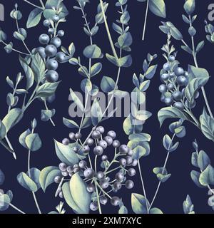 Rametti di eucalipto con frutti di bosco decorativi su sfondo scuro. Illustrazione acquerello. Un motivo delicato, semplice e senza cuciture dai FIORI DELLE NOZZE Foto Stock