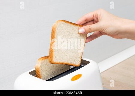 mano di donna che mette il pane nel tostapane. casalinga che frigge il pane in un tostapane, in cucina. donna che fa un brindisi. tostapane classico. un pezzo di brea Foto Stock