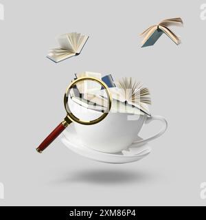 Tazza da caffè con libri e lente d'ingrandimento in aria su sfondo grigio Foto Stock