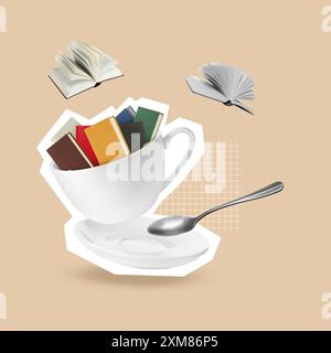 Tazza da caffè con libri in aria su sfondo beige scuro Foto Stock