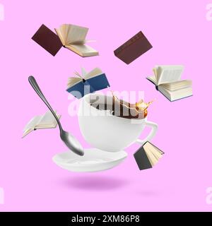 Tazza di caffè, cucchiaio e libri in aria su sfondo viola chiaro Foto Stock