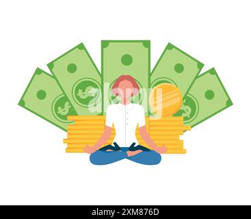 Benessere finanziario, concetto di guru finanziario. La donna siede in posa di loto su una pila di monete d'oro con banconote da dollaro sullo sfondo. Meditando Illustrazione Vettoriale