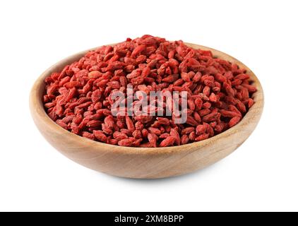 Bacche di goji essiccate in un recipiente isolato su bianco Foto Stock