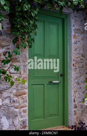 Un bell'edificio circondato dal verde. Porta d'ingresso principale in legno in stile Arte e Artigianato Foto Stock