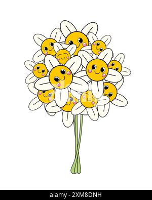 Bouquet di cartoni animati di fiori sorridenti e felici. Allegre margherite. Fiori di Doodle. Fiori su sfondo bianco. Illustrazione Vettoriale