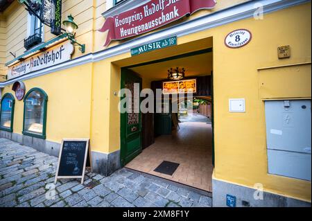 Vienna, Austria, 22 agosto 2022. Il villaggio di Grinzing è un famoso villaggio di produzione di vino in cima a una collina a Vienna. Ristoranti e trattorie con cucina locale e Foto Stock