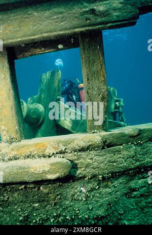 Subacquei vicino alla ringhiera della Sweepstakes, Tobermory, Ontario, Canada Foto Stock