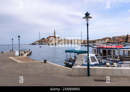 Barche ormeggiate lungo il lungomare e storici edifici famosi di Rovigno sullo sfondo. Rovigno, Croazia, Europa Foto Stock