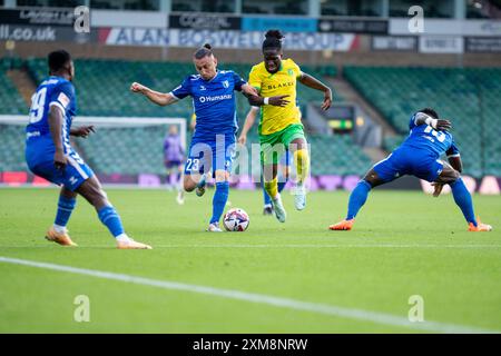 Il Baris Atik del Magdeburg mette sotto pressione Jonathon Rowe di Norwich City durante l'amichevole di pre-stagione tra Norwich City e Magdeburg a Carrow Road, Norwich, venerdì 26 luglio 2024. (Foto: David Watts | mi News) crediti: MI News & Sport /Alamy Live News Foto Stock