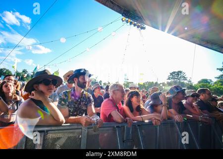 Malmesbury, Regno Unito. 26 luglio 2024. I frequentatori del festival guardano Sanngjaru esibirsi sul palco di Charlie Gillett durante Womad - World of Music, Arts and Dance 2024. Foto di Julie Edwards./Alamy Live News Foto Stock