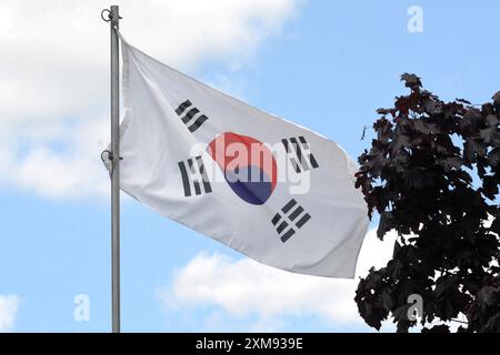 La bandiera nazionale della Repubblica di Corea (Corea del Sud) sorvola un palo in una splendida giornata estiva con uno sfondo di cielo blu e nuvole bianche. Foto Stock