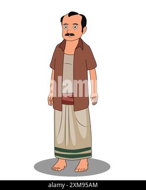 Un povero uomo del villaggio indiano, tre quarti di vista del design dei personaggi dei cartoni animati per l'animazione 2d. Illustrazione Vettoriale