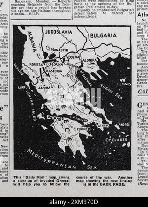 Mappa della Grecia in prima pagina del Daily mail (replica), 29 ottobre 1940, che mostra l'invasione italiana della Grecia dall'Albania, Foto Stock