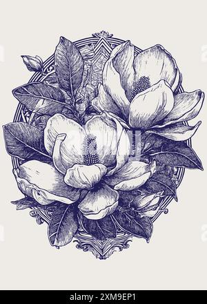 Illustrazione vettoriale in stile incisione vintage di un bouquet di magnolie in stile vintage Illustrazione Vettoriale