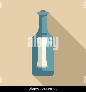 Il flacone di vetro contenente un messaggio di carta arrotolata si trova davanti a uno sfondo beige con una lunga ombra Illustrazione Vettoriale