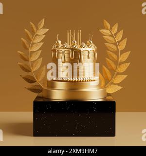 Vincitore del premio Cube Gold Laurel Wreath Podium, palco o piedistallo con dessert di cartoni animati Abstract Golden Birthday Cherry Cake con candele sul dorso giallo Foto Stock