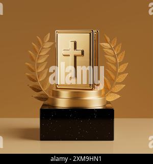 Vincitore del premio Cube Oro Laurel Wreath Podio, palco o piedistallo con Golden Metal Bible Book su sfondo giallo. Rendering 3d. Foto Stock