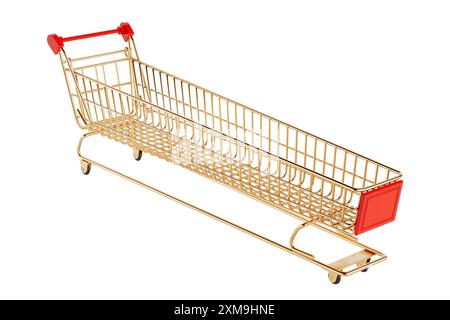Carrello Golden Shopping Cart extra lungo e grande su sfondo bianco. Rendering 3d. Foto Stock