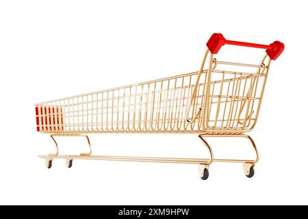Carrello Golden Shopping Cart extra lungo e grande su sfondo bianco. Rendering 3d. Foto Stock