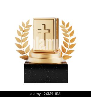 Vincitore del premio Cube Oro Laurel Wreath Podium, palco o piedistallo con Golden Metal Bible Book su sfondo bianco. Rendering 3d. Foto Stock