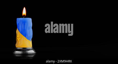 Concetto memoria di Eroi. Burning Candle in Colors of Ukraine Flag su sfondo nero. Rendering 3d. Foto Stock