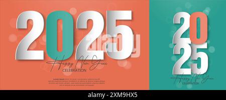 Buon design per il nuovo anno 2025. Con illustrazioni numeriche troncate colorate. Design vettoriale Premium 2025 Illustrazione Vettoriale