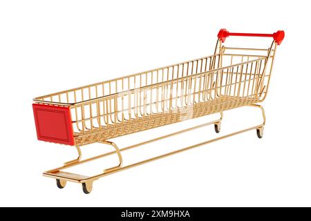 Carrello Golden Shopping Cart extra lungo e grande su sfondo bianco. Rendering 3d. Foto Stock