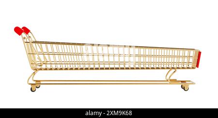Carrello Golden Shopping Cart extra lungo e grande su sfondo bianco. Rendering 3d. Foto Stock