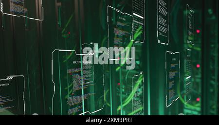 Immagine di elaborazione dati su rack server con cavi e luci verdi Foto Stock