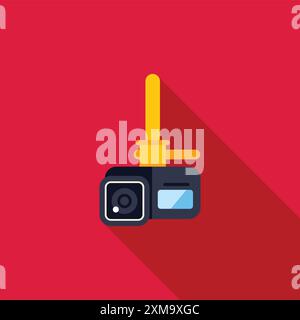 Riprese con Action camera utilizzando un monopiede, icona piatta con una lunga ombra su sfondo rosso Illustrazione Vettoriale