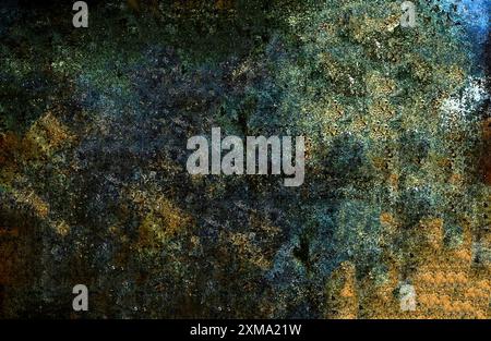 Un dipinto astratto caratterizzato da colori scuri testurizzati con sfumature dominanti di verde e blu, delicatamente mescolati con il giallo Foto Stock
