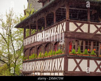 Una grande casa in legno con un balcone piantato, presa in una giornata di pioggia, strasburgo, francia Foto Stock