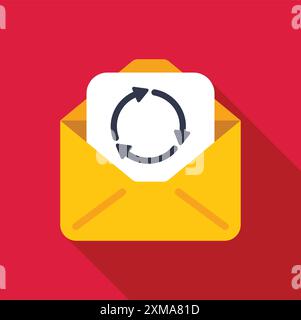 Aprire la busta gialla contenente una lettera con frecce circolari rotanti per rinnovare l'icona di aggiornamento dell'abbonamento Illustrazione Vettoriale