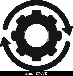 Ruota dentata nera con due frecce che ruotano intorno a essa, che rappresentano un processo continuo Illustrazione Vettoriale