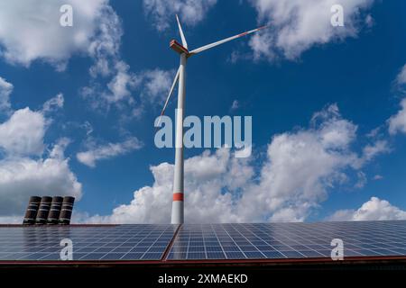 Parco eolico a sud-ovest di Lichtenau, Westfalia orientale-Lippe, impianto solare su un edificio agricolo, stabile, Renania settentrionale-Vestfalia, Germania Foto Stock