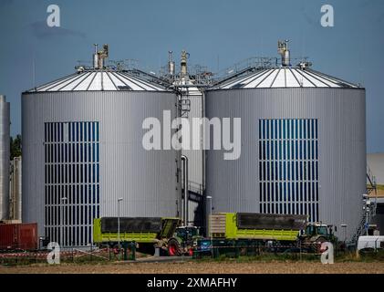 Impianto di biogas RWE Bergheim-Paffendorf, dove si coltivano colture provenienti da agricoltura regionale, piante intere, erba e insilato di mais, segale verde, barbabietola da zucchero e erba medica Foto Stock